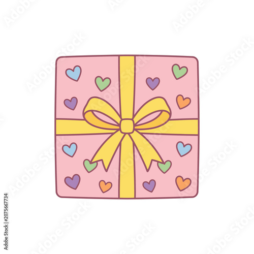 A pink gift box decorated with colorful hearts and yellow ribbon