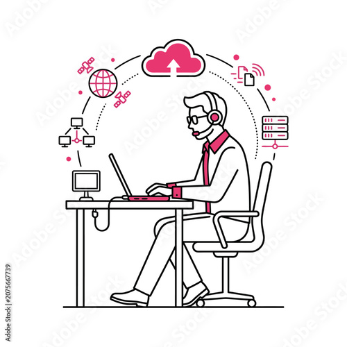 A professional worker manages digital data on a modern laptop computer