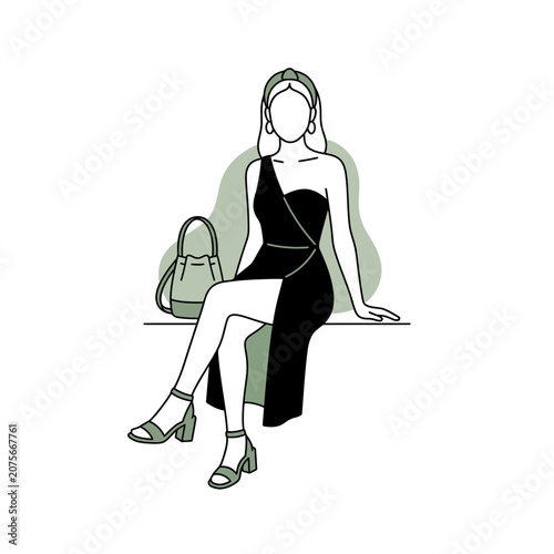 A stylish woman sits gracefully wearing a modern black dress