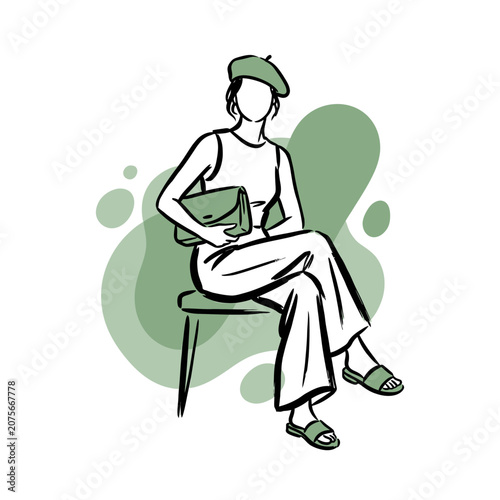 A stylish woman sits on a chair in a minimalist illustration