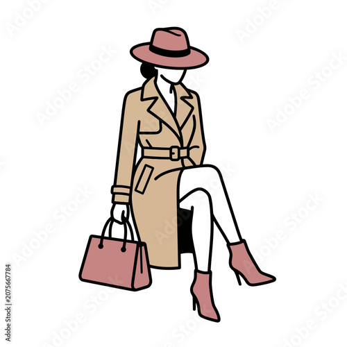 A stylish woman in a trench coat sits with a handbag