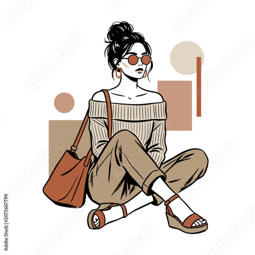 A stylish woman sits wearing casual clothing and round sunglasses