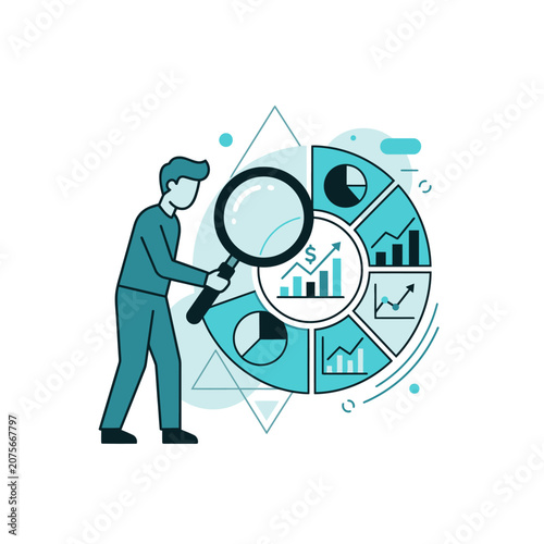 A professional analyst examines financial data with a large magnifying glass