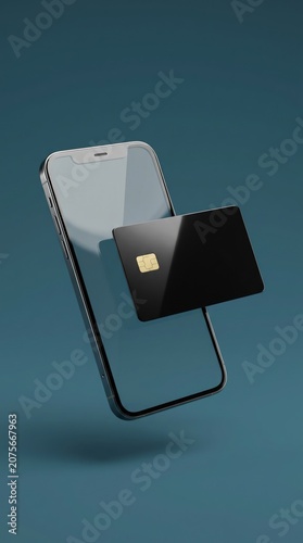 Smartphone with credit card chip on navy color background representing mobile payment and secure online transactions