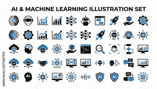 Comprehensive AI and machine learning vector illustration set featuring advanced technology icons artificial intelligence learning technology illustration computing automation software