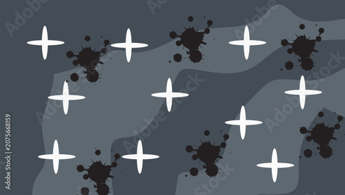 Abstract Grey Background with White Sparkle Stars and Black Ink Splatters
