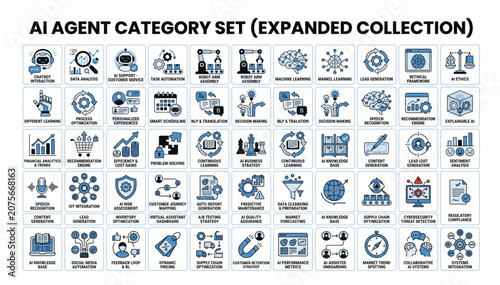 Expanded collection of artificial intelligence agent category vector icons for business and tech applications with intelligence artificial technology learning business automation software