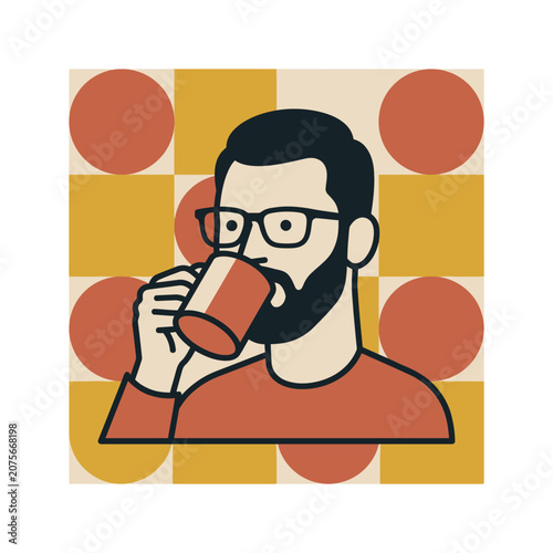 A bearded man wearing glasses drinks from a red ceramic mug