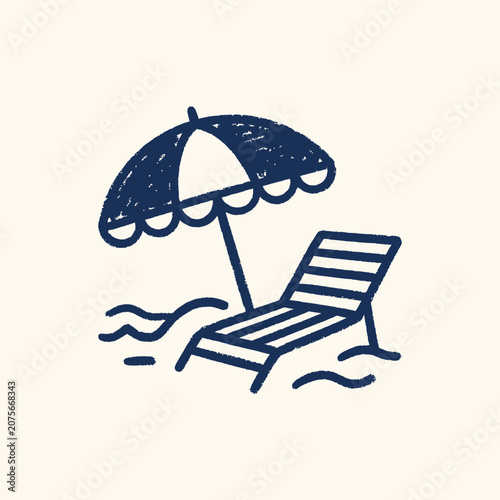 A simple hand drawn illustration of a beach chair and umbrella