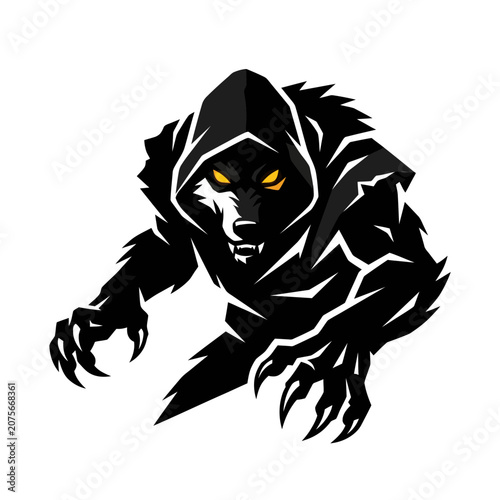A dark hooded wolf creature stands in a menacing posture