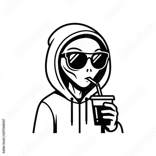A cool alien wearing a hoodie and sunglasses drinks a beverage