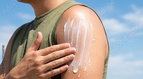 Close-up of man applying sunscreen lotion to shoulder outdoors, protecting skin from sun, healthy lifestyle, summer vacation, blue sky with clouds.