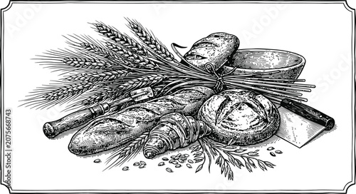 A vintage engraving of assorted bakery breads and wheat stalks with a wooden bowl and knife in a rustic composition