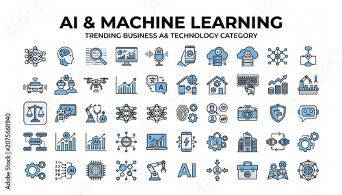 Trending business and technology icon set focusing on artificial intelligence machine learning trends and digital transformation tools with technology business intelligence artificial learning