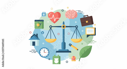 Work Life Balance Concept Illustration with Scale, Brain, Heart, and Home Icons for Wellness and Equilibrium