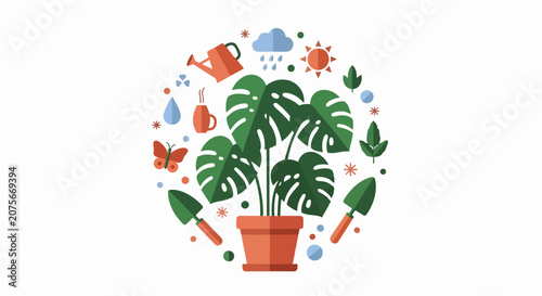 Flat Illustration of Monstera Houseplant in Terracotta Pot with Gardening Tools and Nature Icons in a Circular Composition