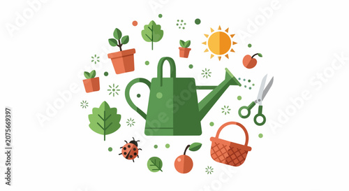 Flat Design Gardening Concept Vector Illustration featuring Watering Can, Potted Plants, Garden Shears, and Nature Elements on a White Background