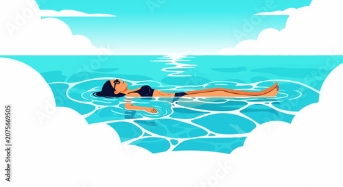 Relaxing Woman Floating in Clear Turquoise Sea Water, Minimalist Flat Illustration for Summer Vacation, Travel, and Wellness Concepts