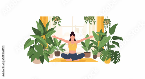 Woman Meditating in Home Jungle Illustration, Yoga Practice Surrounded by Green Houseplants, Mindful Living and Wellness Concept