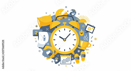 Time Management and Daily Morning Routine Flat Vector Illustration Featuring Alarm Clock, Coffee, and Productivity Icons