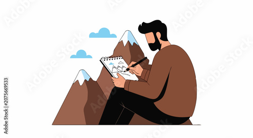 Artist Drawing Mountains in Sketchbook - Creative Hobby and Inspiration Concept - Flat Vector Illustration of Man Sketching Outdoors