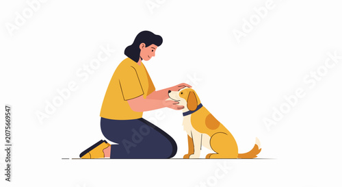 Woman Petting Her Dog Vector Illustration - Flat Style Design of Girl Playing with Pet Puppy, Animal Care and Companionship Concept Isolated on White Background