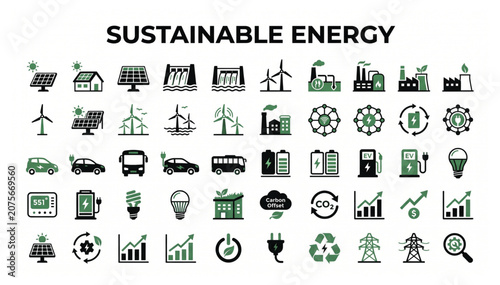 Sustainable energy and renewable power source flat icon set with sustainable renewable environment electricity ecological resource efficiency conservation industry technology collection