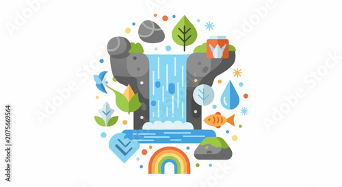 Flat Vector Illustration of a Waterfall Ecosystem with Nature Elements, Wildlife, and Environmental Symbols in a Modern Stylized Design