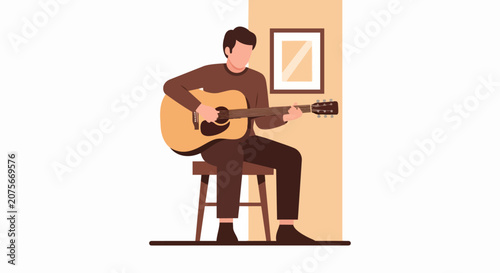 Man Playing Acoustic Guitar Sitting on Stool Minimalist Flat Illustration