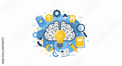 Human Brain with Light Bulb and Education Icons Vector Illustration for Creative Thinking, Innovation, and Learning Concepts