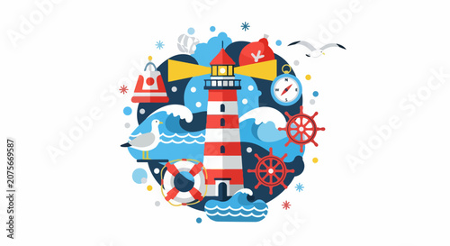 Stylized Nautical Vector Illustration with Red and White Lighthouse, Ocean Waves, and Maritime Symbols in Flat Design