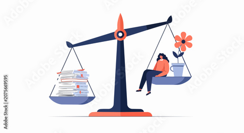 Work-Life Balance Concept Illustration with Woman and Documents on Scales