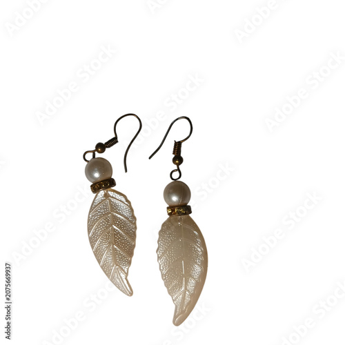 Obraz na plátně Gold leaf-shaped dangle earrings with brown accents isolated on transparent back
