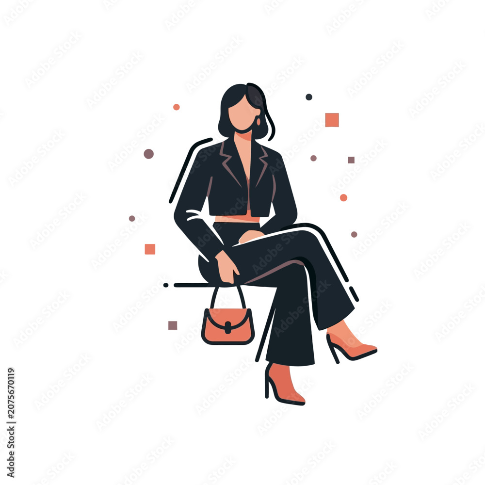 Fototapeta premium A stylish woman in a dark suit sits on a chair