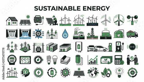 Sustainable energy and green technology icon set vector collection with sustainable environment renewable electricity collection conservation efficiency technology resource infrastructure