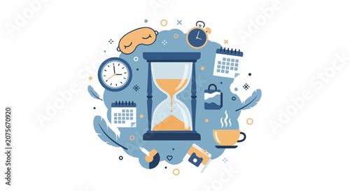 Time Management and Productivity Concept Illustration with Hourglass, Clock, and Calendar Icons