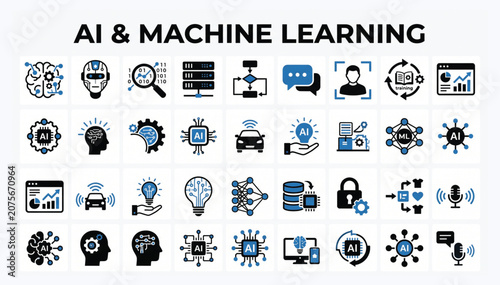 Artificial intelligence and machine learning technology concept flat vector icon set for data science with intelligence artificial learning technology innovation automation computing