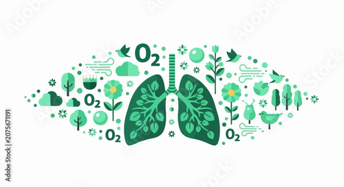 Green Human Lungs Illustration with Nature Elements, Trees, and Oxygen Symbols for Environmental and Health Concepts