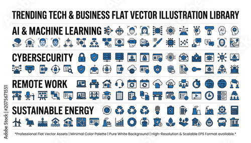 Comprehensive business and technology flat vector icon library for modern corporate digital projects with technology business development internet communication corporate professional