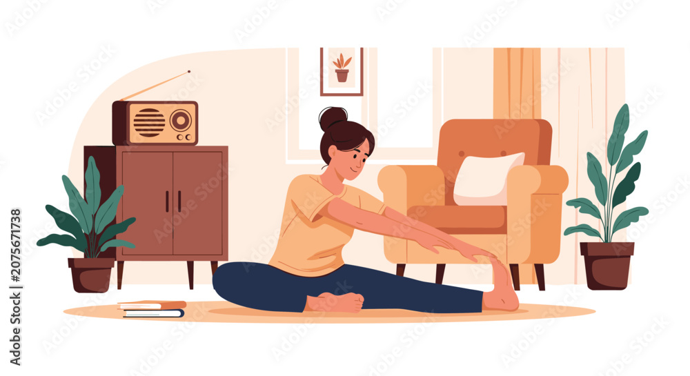 Fototapeta premium Young woman practicing yoga and stretching her leg on a mat in a cozy living room with a vintage radio and plants.