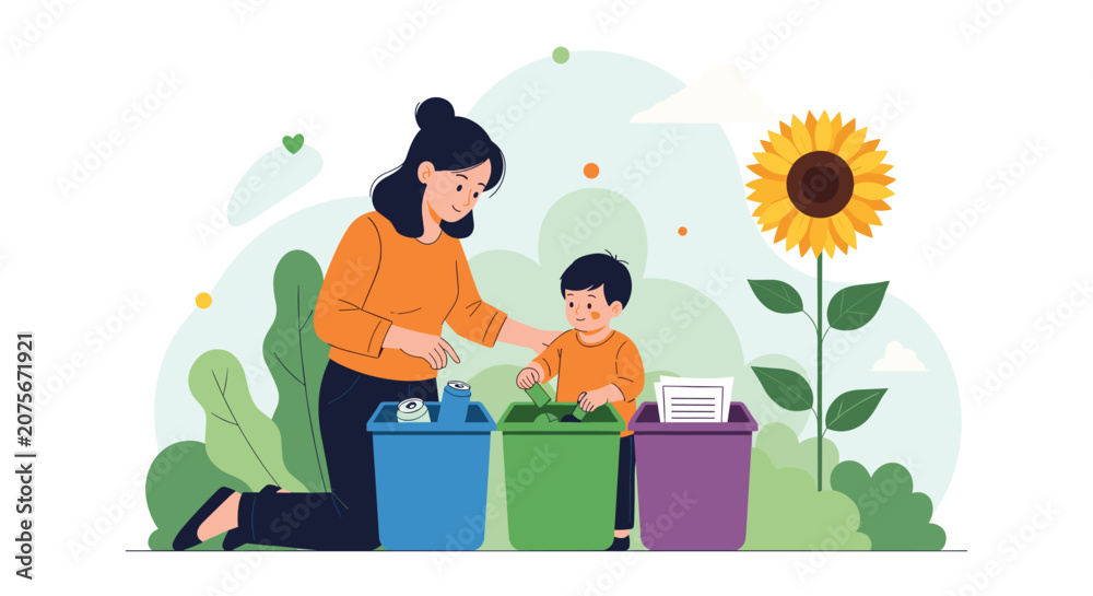 Fototapeta premium Caring mother and her child sort their household trash into different colored recycling bins next to a bright sunflower.