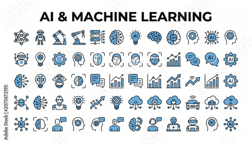 Artificial intelligence and machine learning vector icon set showing neural networks robotics data processing and cognitive computing concepts with intelligence artificial learning robotics