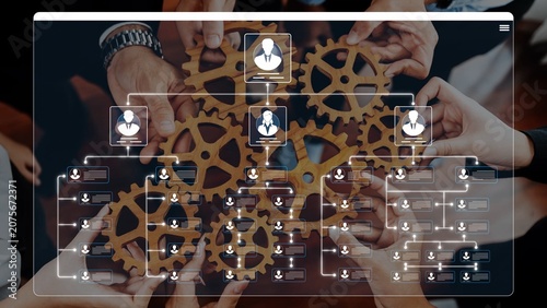 Fotografie Collaborative Teamwork with Gears and Organizational Chart, Visual Representatio