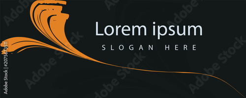 Abstract orange brush stroke logo on black background, artistic paint swirl vector banner, modern creative business header with placeholder text