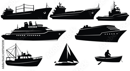 Black Silhouettes Of Various Ships And Boats On A White Background