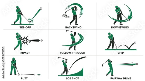 Vector illustration of various golf swings and shots on white background