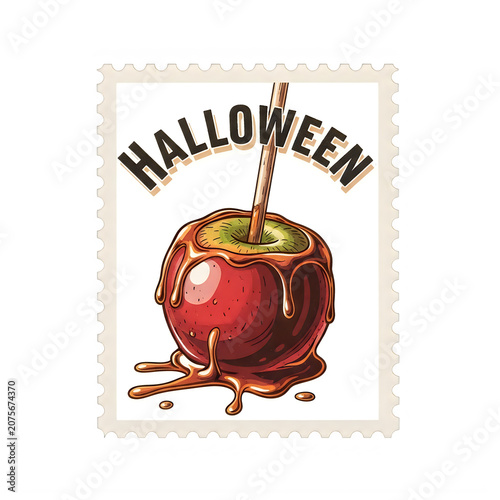 Halloween postage stamp with red apple and blood drips