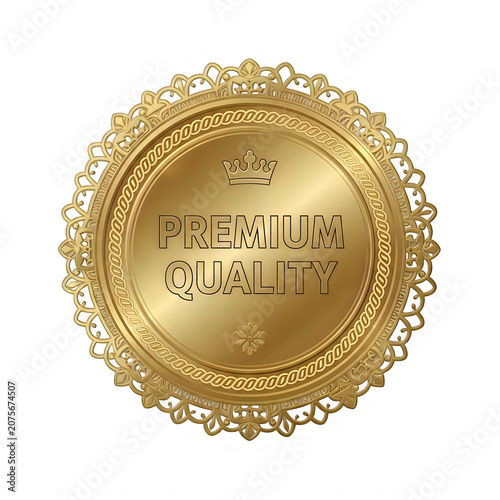 Golden premium quality award badge with laurel wreath