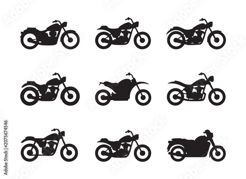 Konstfotografi Motorbike silhouette set featuring various motorcycle types from cruisers to dirt bikes in profile
