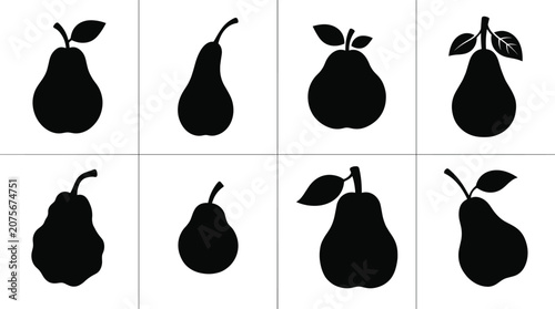 Pear fruit silhouette collection with black botanical icons for food and nature design